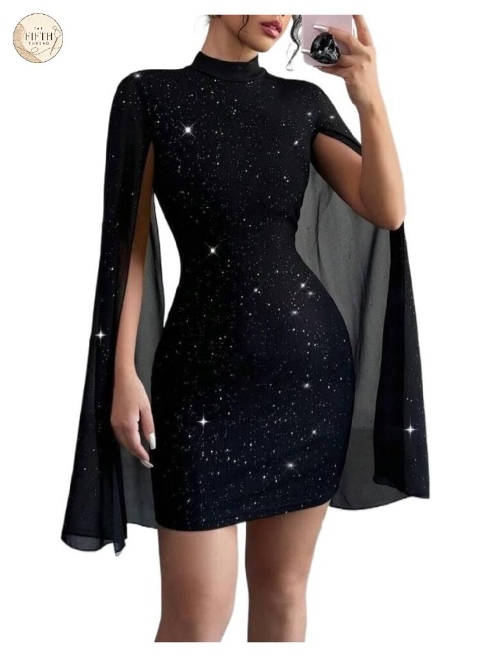 Sexy Glitter Mini Dress Mock Neck Cape Sleeve Bodycon Cocktail Party